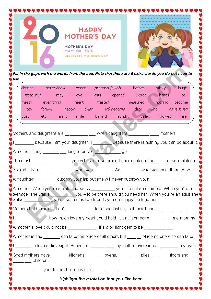 Mother`s Day Quotations Worksheet